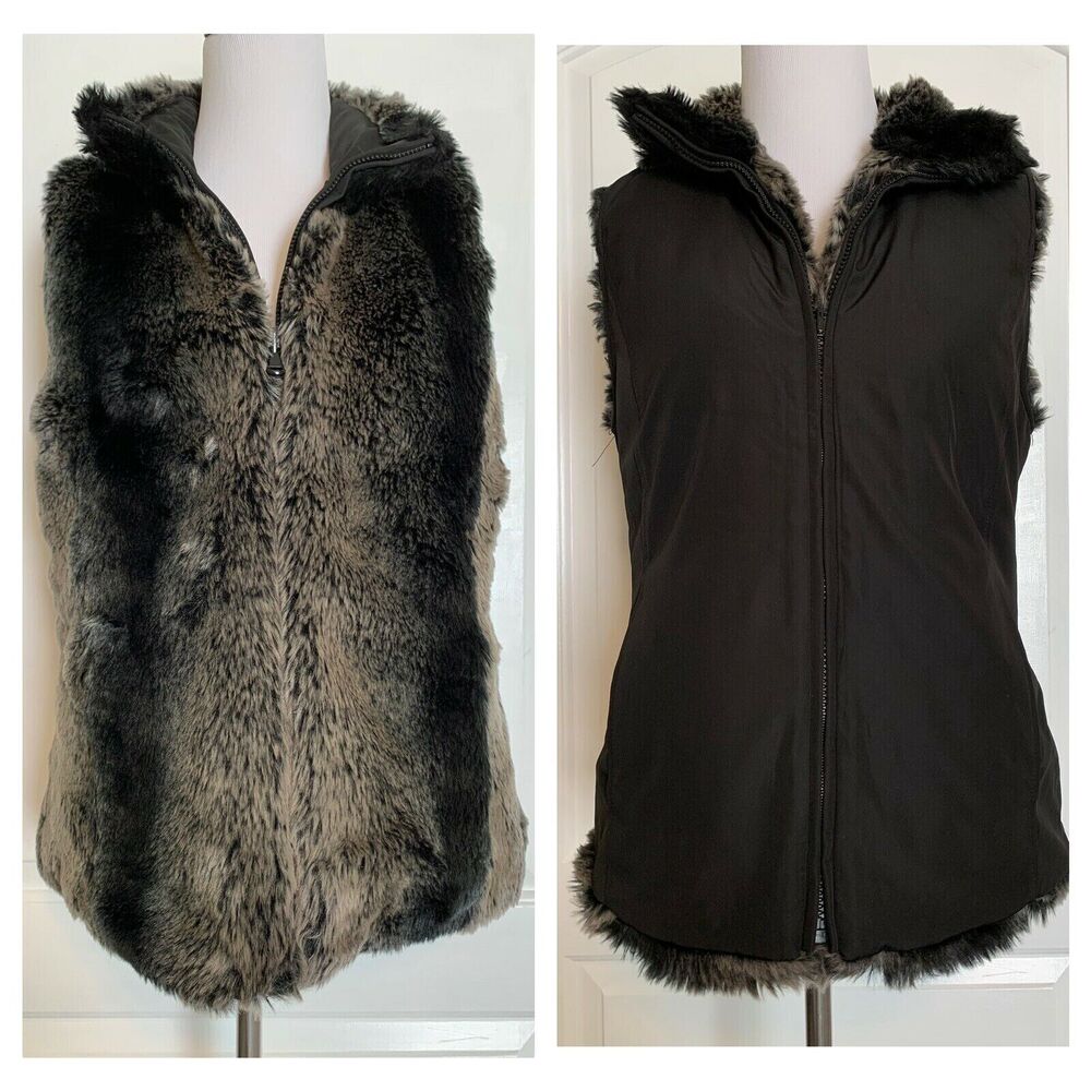 KRISTEN BLAKE Reversible Faux Fur Zipper Vest Black Designer Cozy Warm Size S
